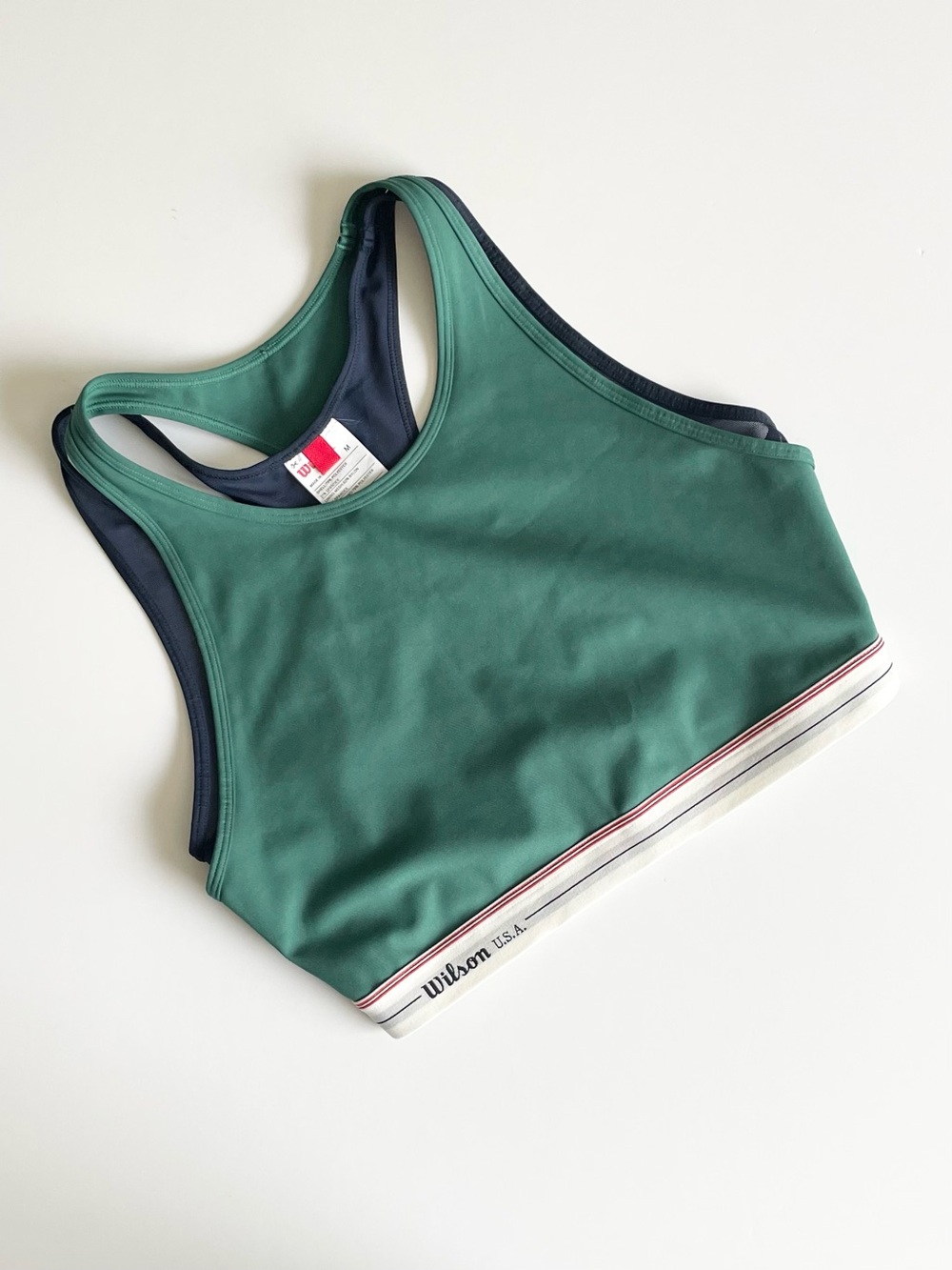 Wilson MEDIUM green & navy blue double layered sports bra top